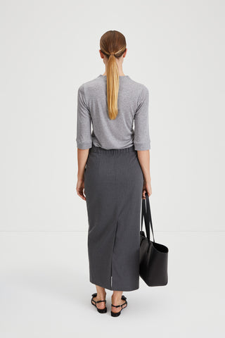 stylein minimalistic scandinavian timeless swedish design womenswear classics classic grey striped maxi skirt berkeley model backside