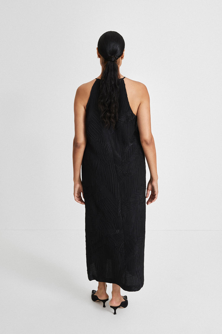Ivonne dress ankle length slim tank crew neck pleated loosely fitted black stylein back image