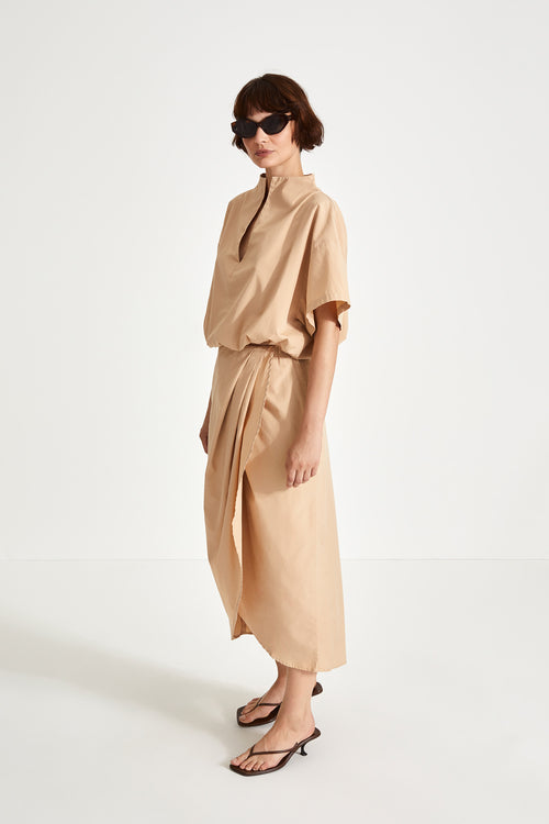 Joelyn skirt cotton mid length draped front beige stylein side image