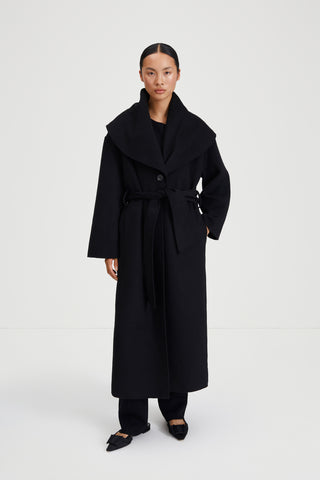 Termoli long coat belted doble faced wool blend shawl collar single button black stylein front image