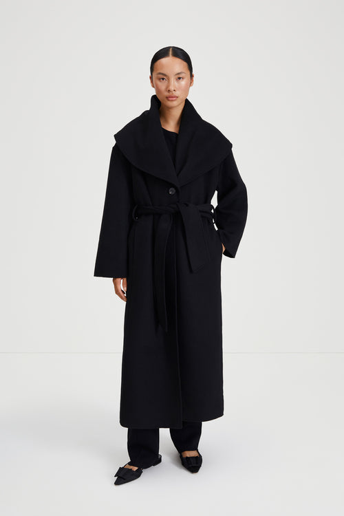 Termoli long coat belted doble faced wool blend shawl collar single button black stylein front image