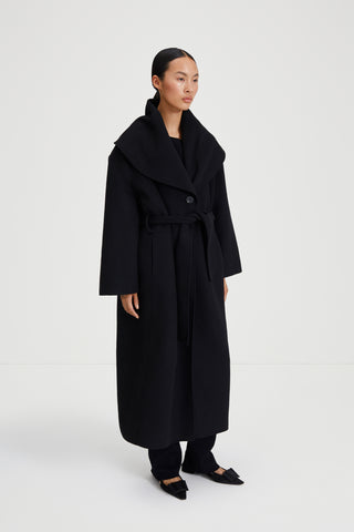 Termoli long coat belted doble faced wool blend shawl collar single button black stylein side image