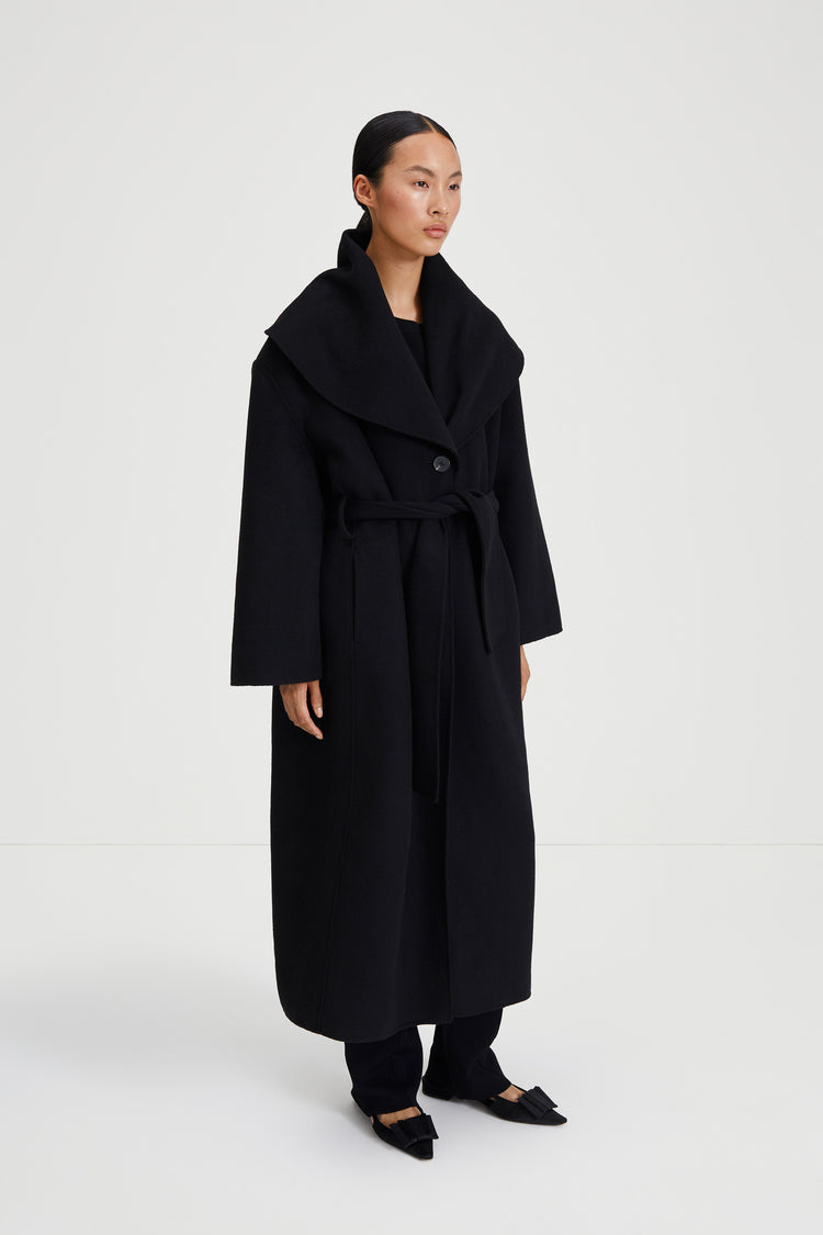 Termoli long coat belted doble faced wool blend shawl collar single button black stylein side image