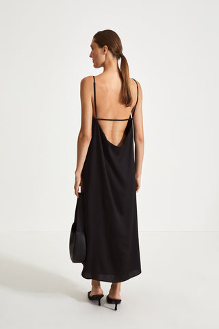 Melody dress matt chiffon slip straps square neckline deep cowl neckline back horizontal strap black stylein back image