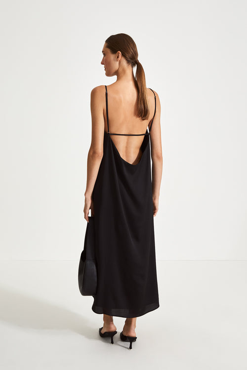Melody dress matt chiffon slip straps square neckline deep cowl neckline back horizontal strap black stylein back image