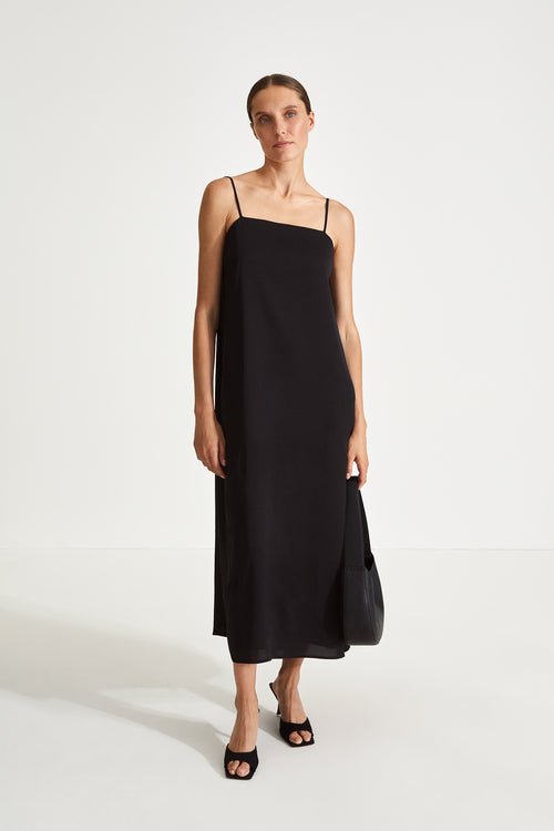 Melody dress matt chiffon slip straps square neckline deep cowl neckline back horizontal strap black stylein front image