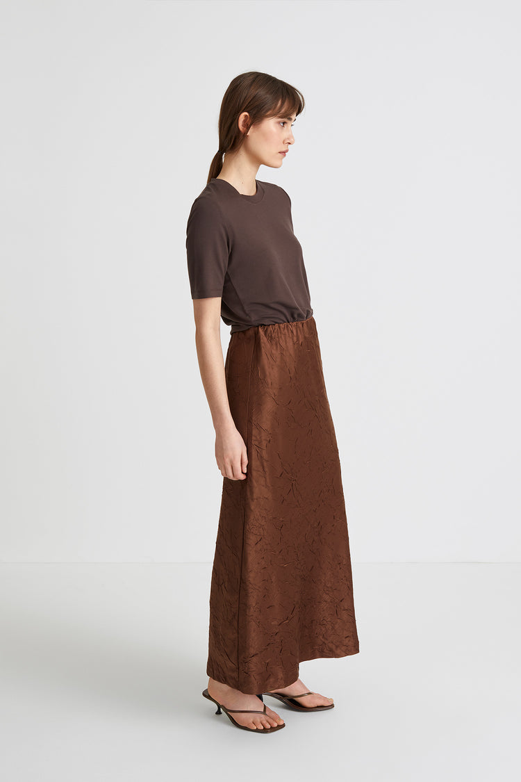 Mabel skirt creased satin ankle length flattering drape brown stylein side image