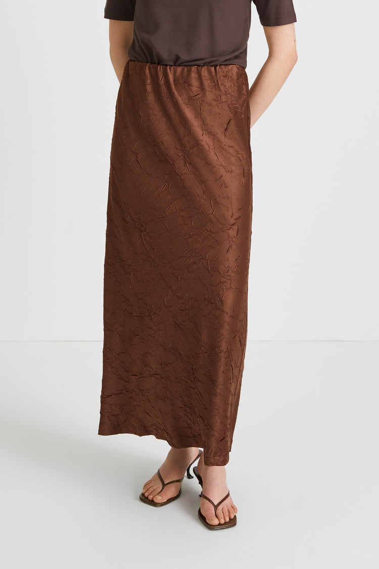 Mabel skirt creased satin ankle length flattering drape brown stylein front image