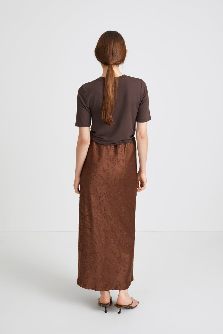 Mabel skirt creased satin ankle length flattering drape brown stylein back image