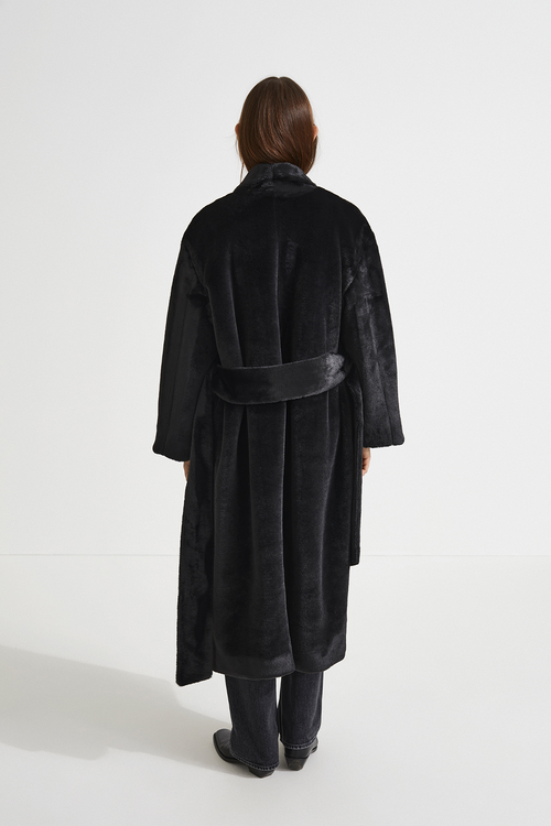 Hermina coat faux fur one piece shawl collar full length sleeves belted waits black stylein back image