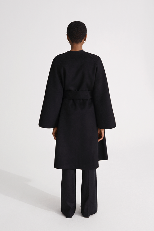 Trento coat long kimono inspired dropped shoulders flared full length sleeves attached belt wool mix black stylein back image