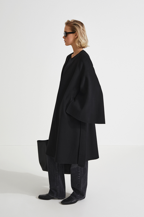 Trento coat long kimono inspired dropped shoulders flared full length sleeves attached belt wool mix black stylein side image
