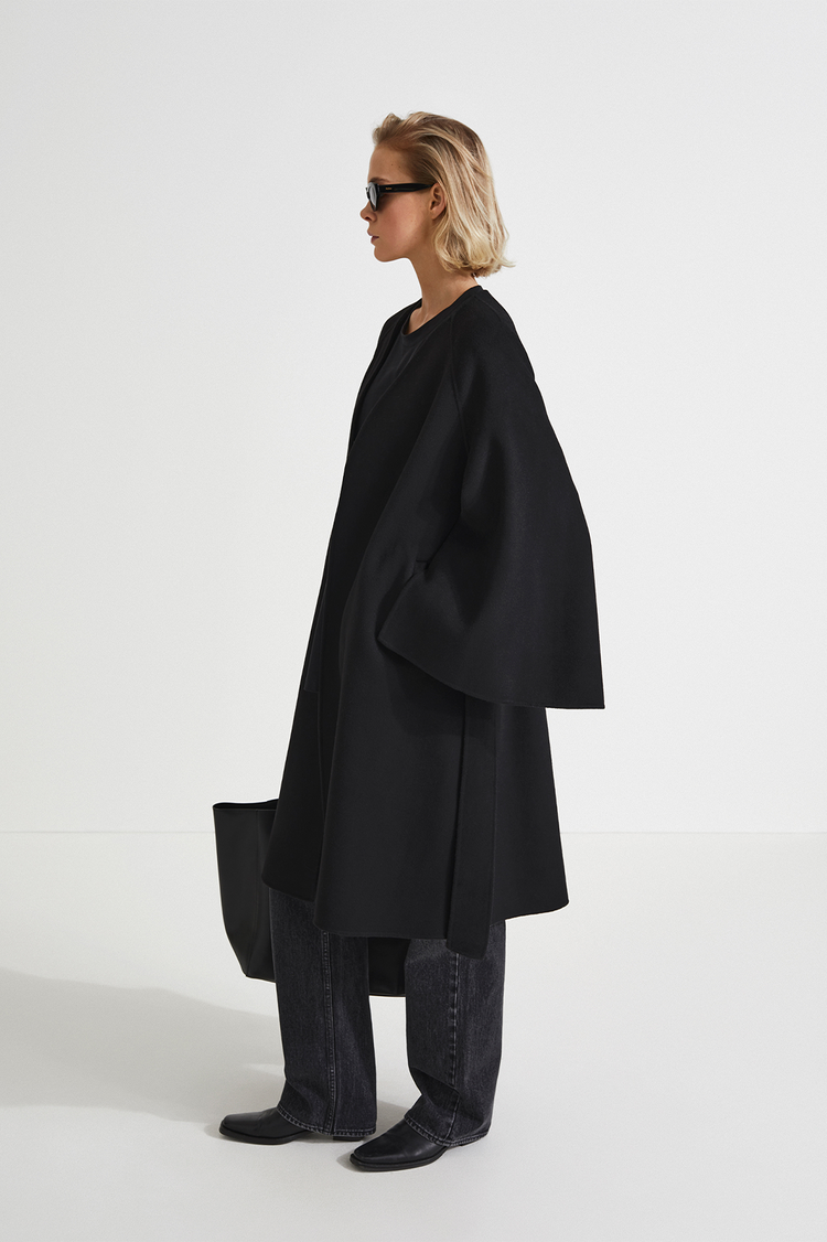 Trento coat long kimono inspired dropped shoulders flared full length sleeves attached belt wool mix black stylein side image