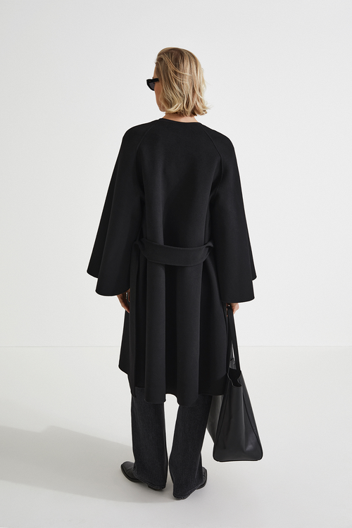Trento coat long kimono inspired dropped shoulders flared full length sleeves attached belt wool mix black stylein back image