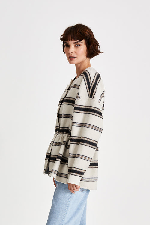 Treviso jacket boxy gathered waist wool blend rounded neckline wide long sleeves striped white brown stylein side image