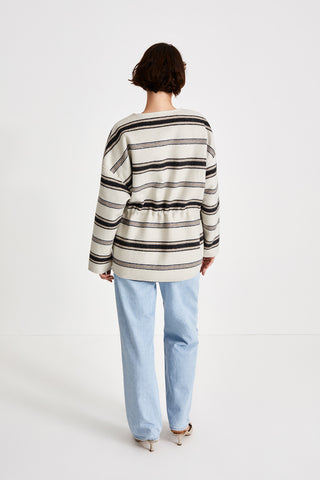 Treviso jacket boxy gathered waist wool blend rounded neckline wide long sleeves striped white brown stylein back image