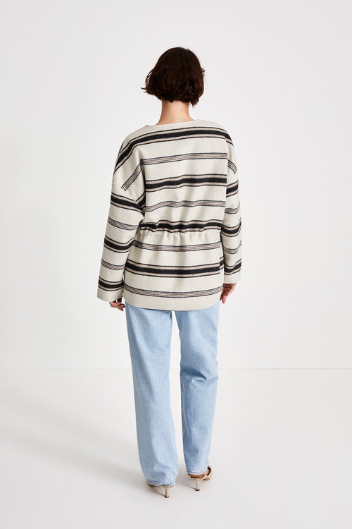Treviso jacket boxy gathered waist wool blend rounded neckline wide long sleeves striped white brown stylein back image