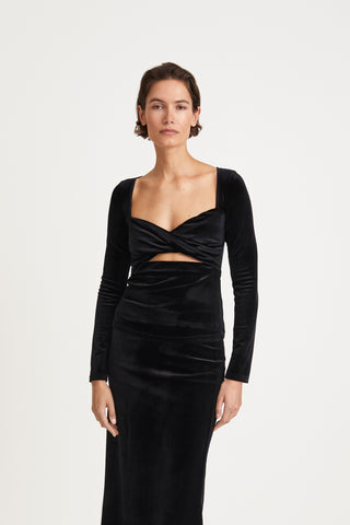 Campi top fitted velvet twisted detail front cut out long sleeves black stylein front image