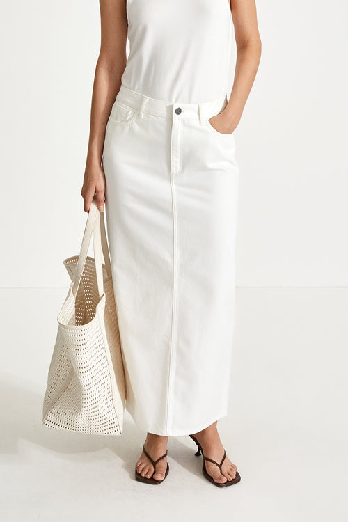 Kimberly straight fit denim skirt ankle length slit back slim fitted white stylein front close image