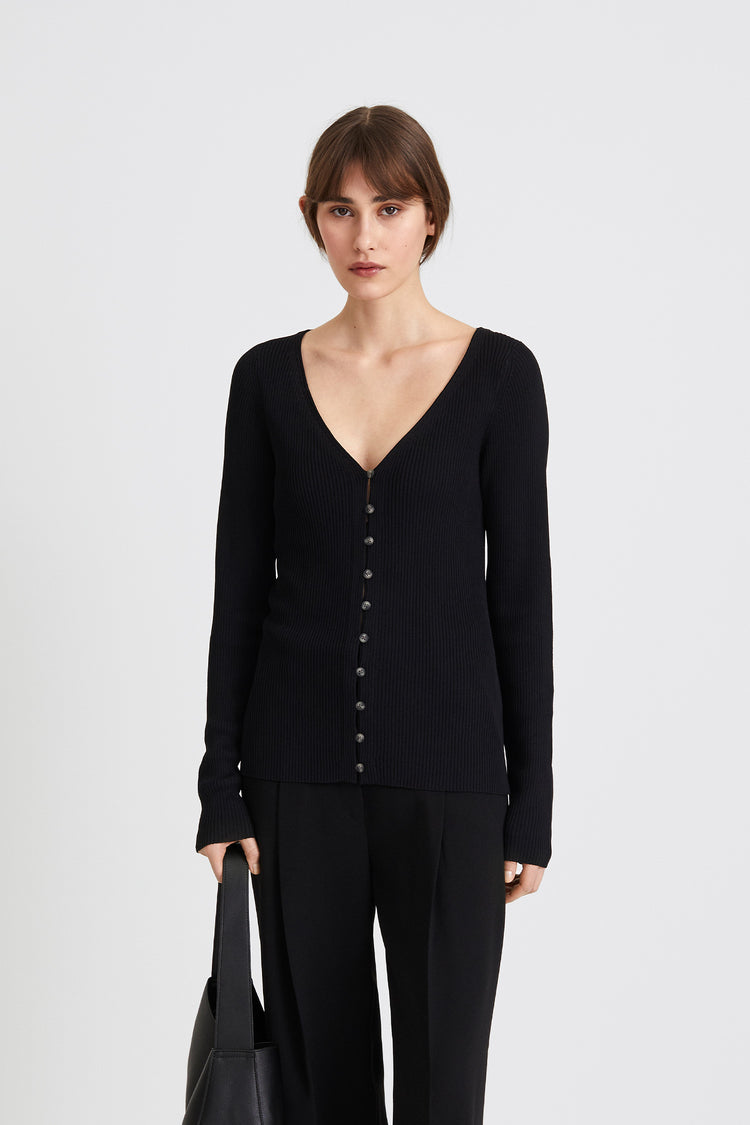 Perline cardigan ribknit deep v neck buttons black stylein front image