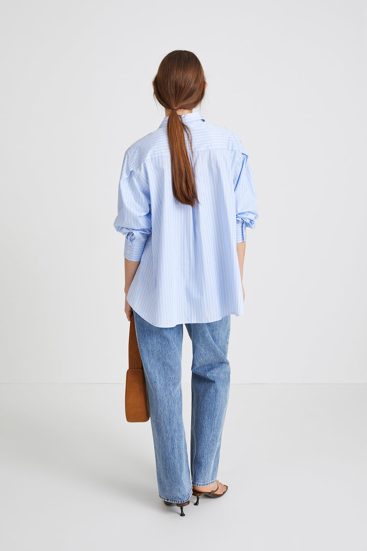 Jeanne shirt button down full length sleeves collar stand boxy silhouette blue stripe stylein back image