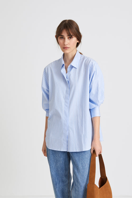 Jeanne shirt button down full length sleeves collar stand boxy silhouette blue stripe stylein front close image