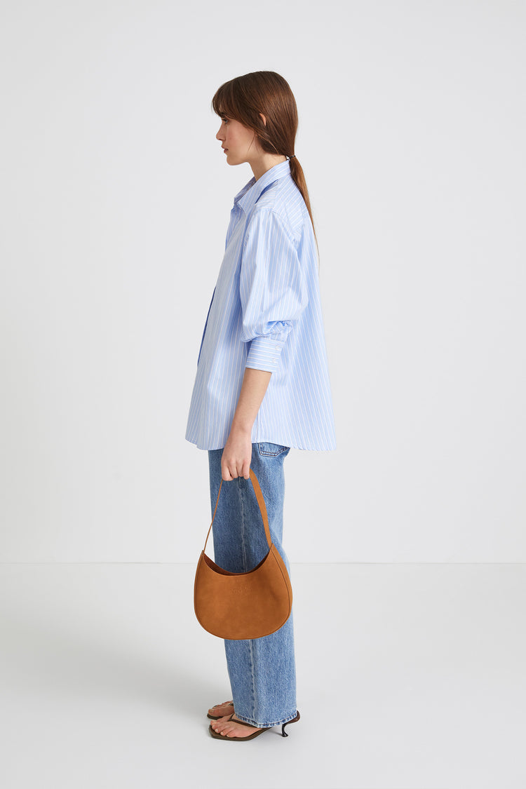 Jeanne shirt button down full length sleeves collar stand boxy silhouette blue stripe stylein side image