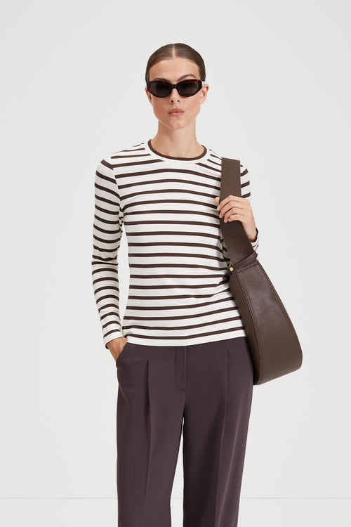 CANVEY TOP - WHITE WITH BROWN STRIPE