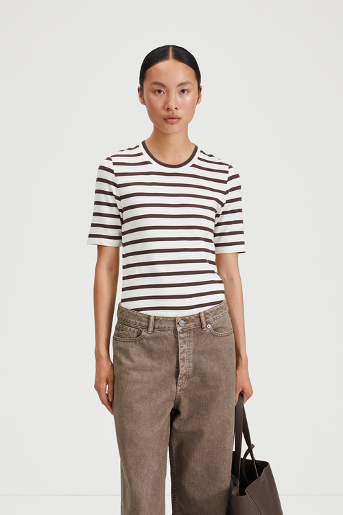 CHAMBERS T-SHIRT - WHITE WITH BROWN STRIPES