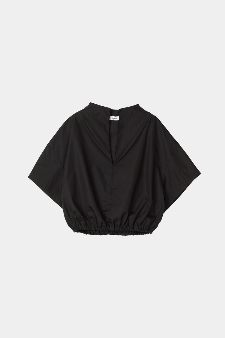Jilly shirt voluminous vneck subtle high neck short wide sleeves gathered bottom hem black stylein packshot