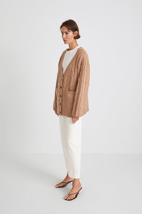 Harlynn cardigan cable knit wool v neck relaxed straight fit full length sleeves buttons front pockets beige stylein side image 
