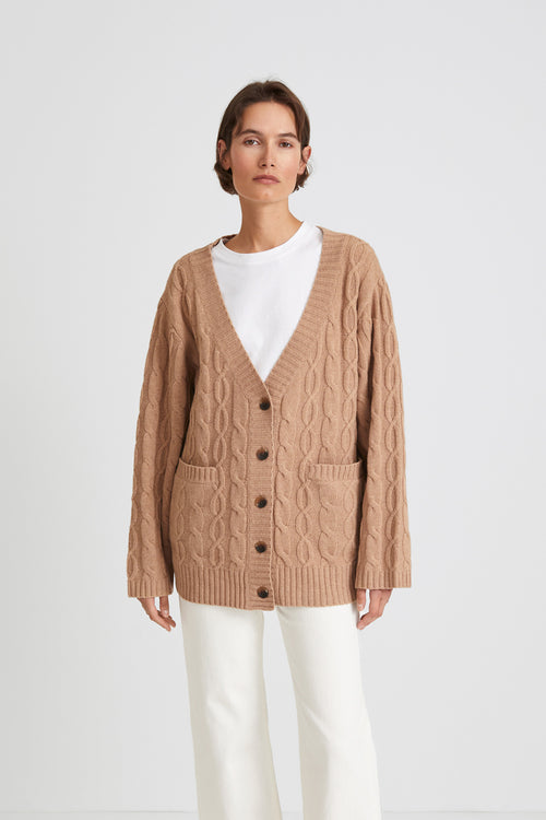 Harlynn cardigan cable knit wool v neck relaxed straight fit full length sleeves buttons front pockets beige stylein front image