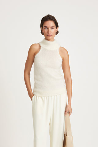 Nichelle top semi fitted silhouette sleeveless refined polo collar mohair blend cream stylein front image