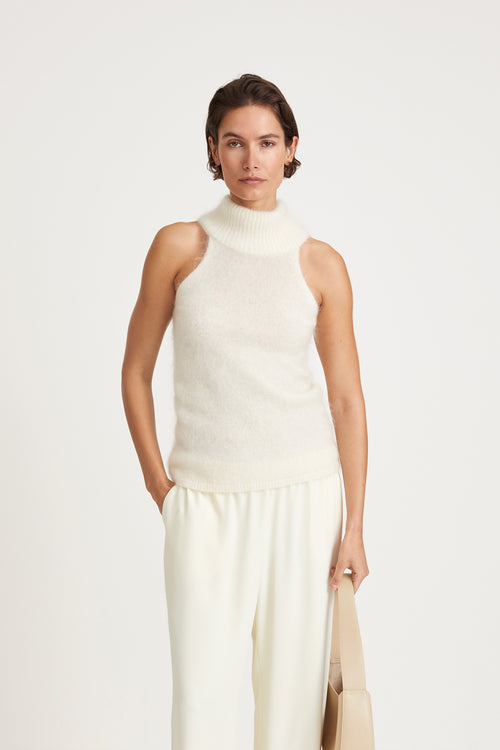 Nichelle top semi fitted silhouette sleeveless refined polo collar mohair blend cream stylein front image