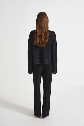 Nilo sweater cropped straight fit mohair blend horizontal knitted rib rounded neckline long sleeves black stylein back image 