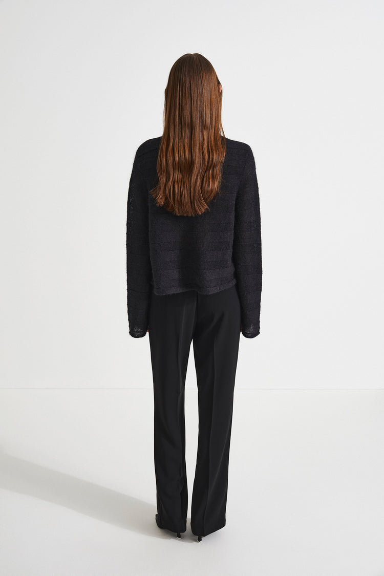Nilo sweater cropped straight fit mohair blend horizontal knitted rib rounded neckline long sleeves black stylein back image 