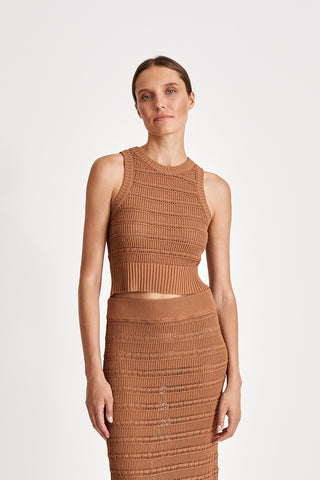 Payton top cropped rank knitted see through form fitted nougat stylein front close image