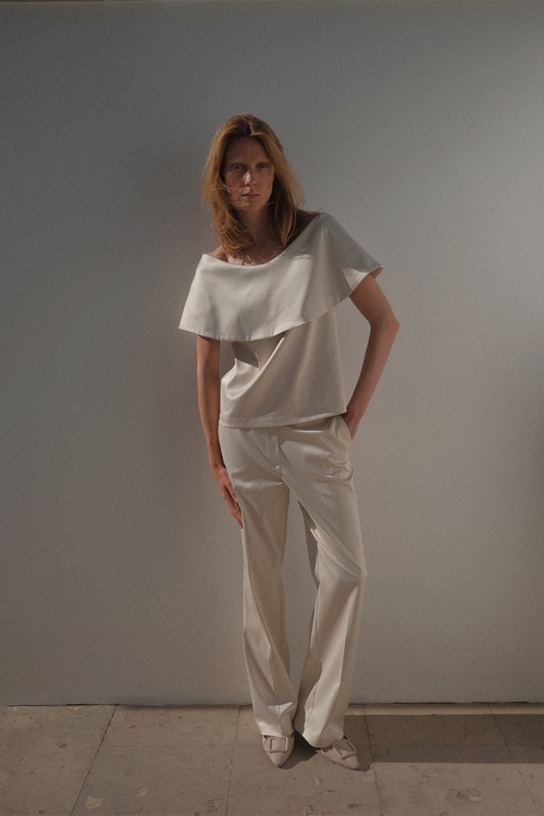 Beatrice top off shoulder crepe shiny straight fit wide off shoulder piece  cream stylein front image