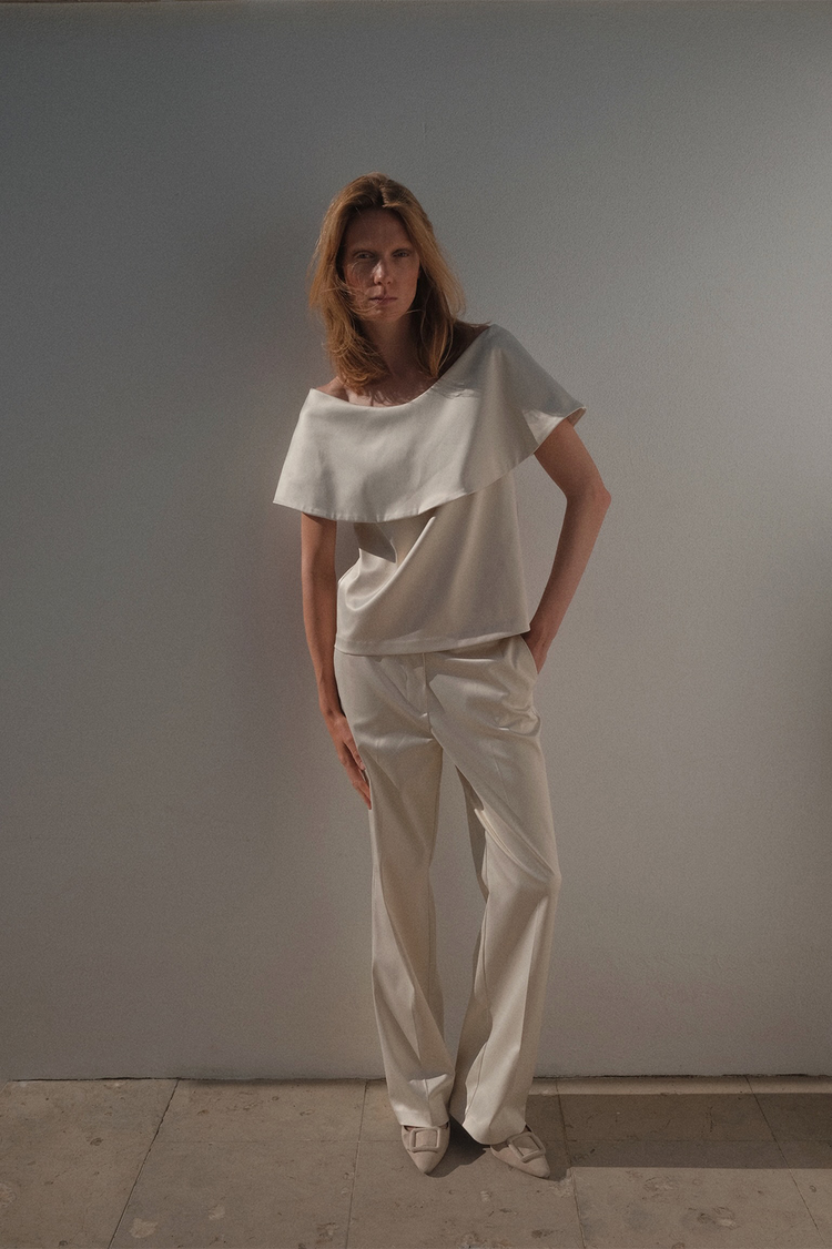 Beatrice top off shoulder crepe shiny straight fit wide off shoulder piece  cream stylein front image