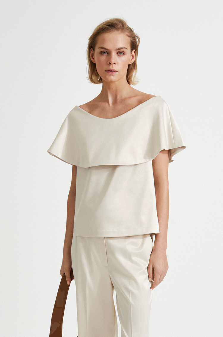 Beatrice top off shoulder crepe shiny straight fit wide off shoulder piece  cream stylein front close image