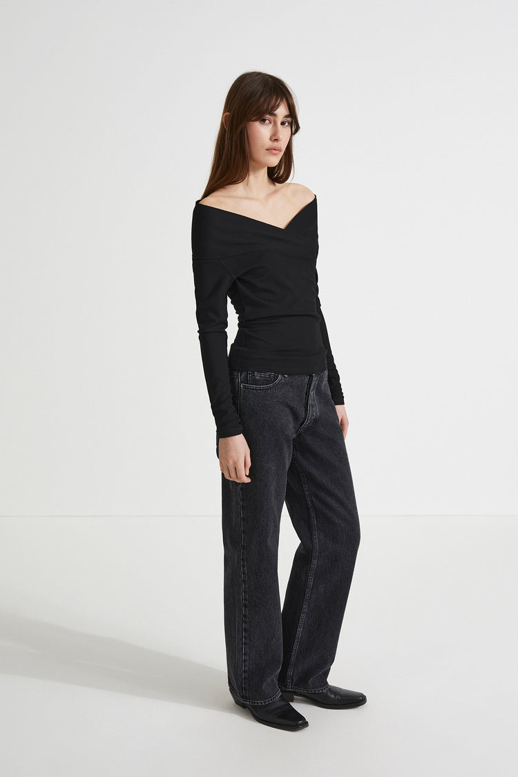 Debora top long off the shoulder fitted full length sleeves overlapping front piece  jersey black stylein side image