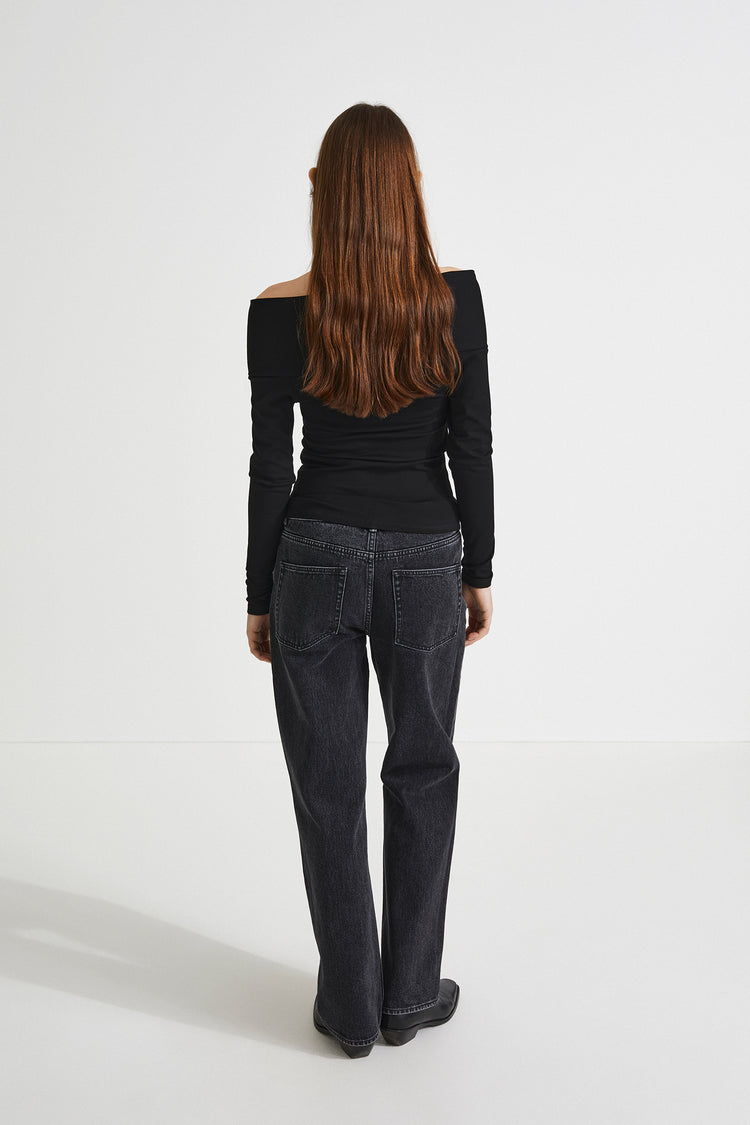 Debora top long off the shoulder fitted full length sleeves overlapping front piece  jersey black stylein back image