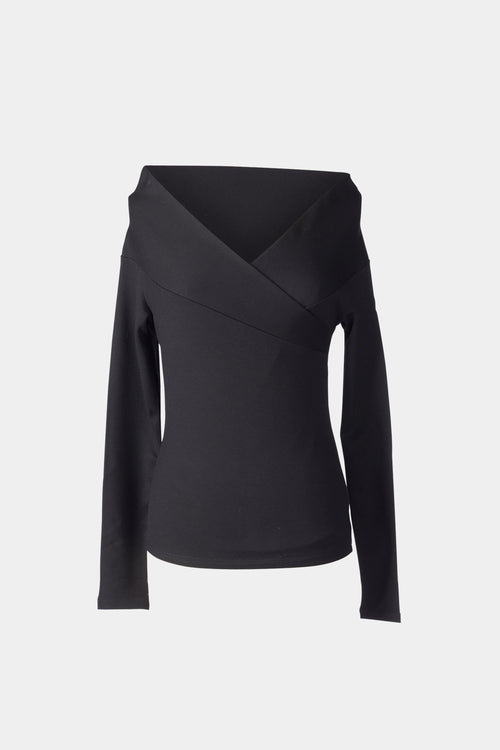 Debora top long off the shoulder fitted full length sleeves overlapping front piece  jersey black stylein packshot