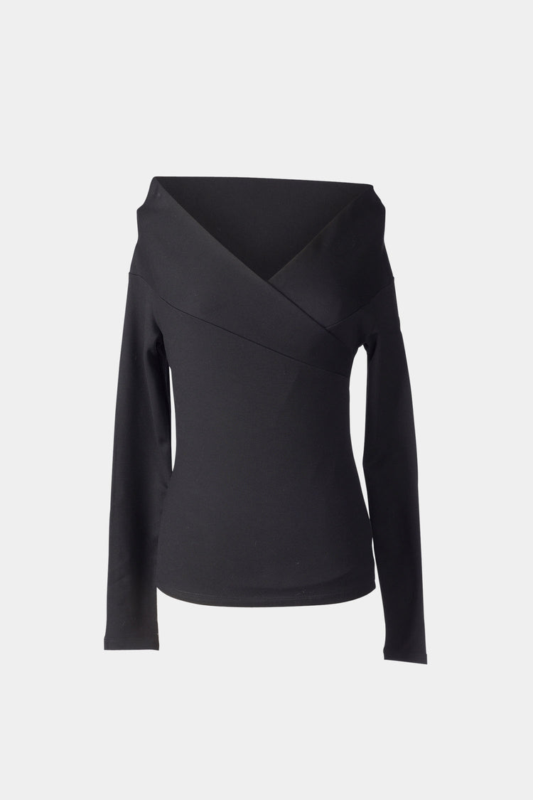 Debora top long off the shoulder fitted full length sleeves overlapping front piece  jersey black stylein packshot