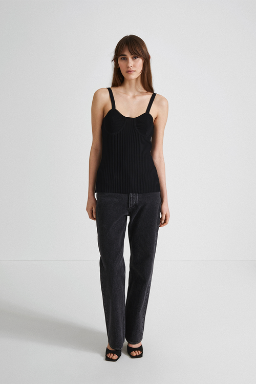 Paisley short sleeve knitted curved neckline decorative breast cups black stylein front image