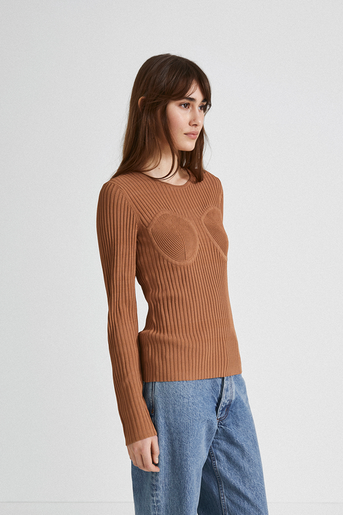 Paisley top long sleeve knitted curved neckline decorative breast cups camel stylein side image