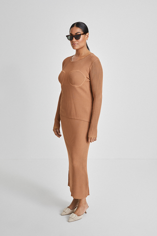 Paisley top long sleeve knitted curved neckline decorative breast cups camel stylein side image