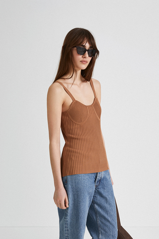 Paisley top sleeveless knitted fabric curved neckline decorative breast cups camel stylein side image