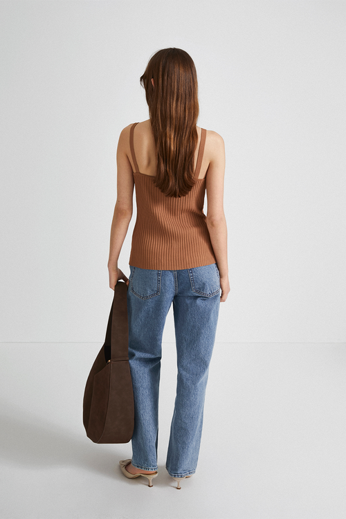 Paisley top sleeveless knitted fabric curved neckline decorative breast cups camel stylein back image