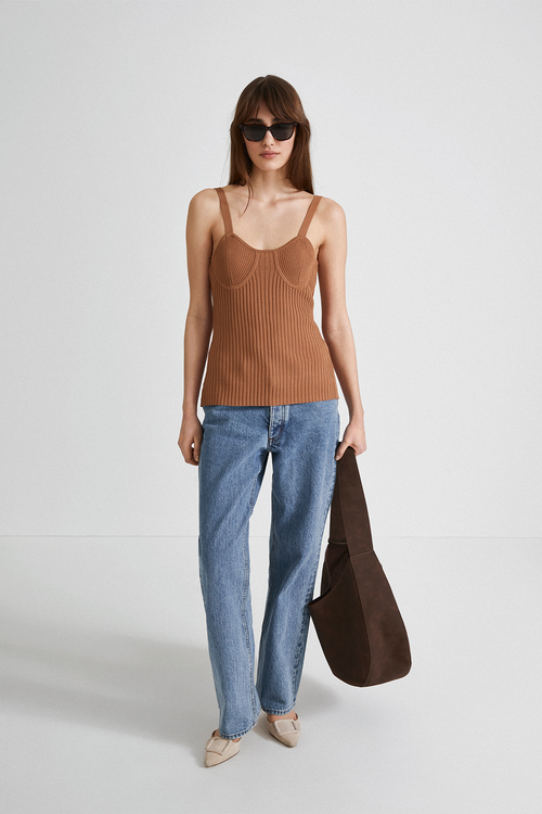 Paisley top sleeveless knitted fabric curved neckline decorative breast cups camel stylein front image